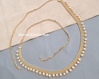 Golden Pearl Chain Hip Belt - South Indian Kamarband Length 85cm Approx