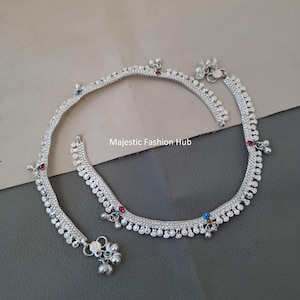 Silver Plated Kundan Toe Anklet Pair Indian Traditional Ethnic Fancy Payal For Her