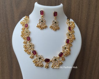 South Indian Gold Plated Multi Kundan Necklace With Earring Women Festive Jewellery MJ06