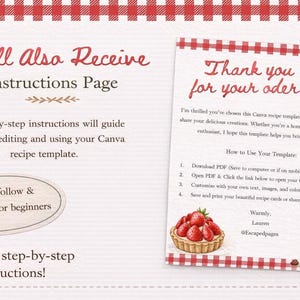 May include: A recipe template design with a red and white checkered border. The image includes instructions, a thank you note, and illustrations of strawberries and cookies. Text includes "Easy to follow" and "Helpful for beginners."