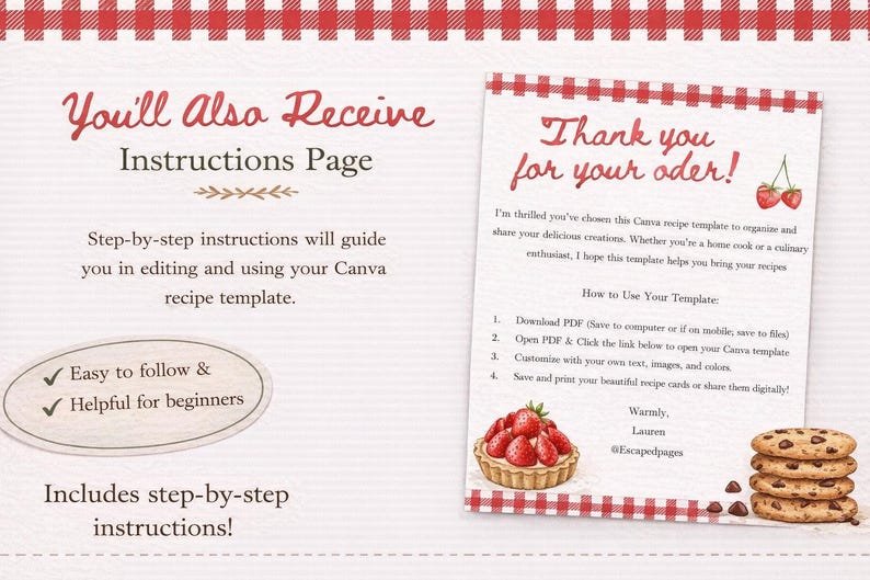 May include: A recipe template design with a red and white checkered border. The image includes instructions, a thank you note, and illustrations of strawberries and cookies. Text includes "Easy to follow" and "Helpful for beginners."
