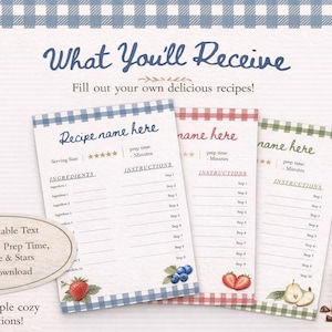May include: Recipe cards with gingham borders in blue, red, and green, featuring space for recipe name, ingredients, and instructions. The image includes a stack of chocolate chip cookies and text that says "What You'll Receive".