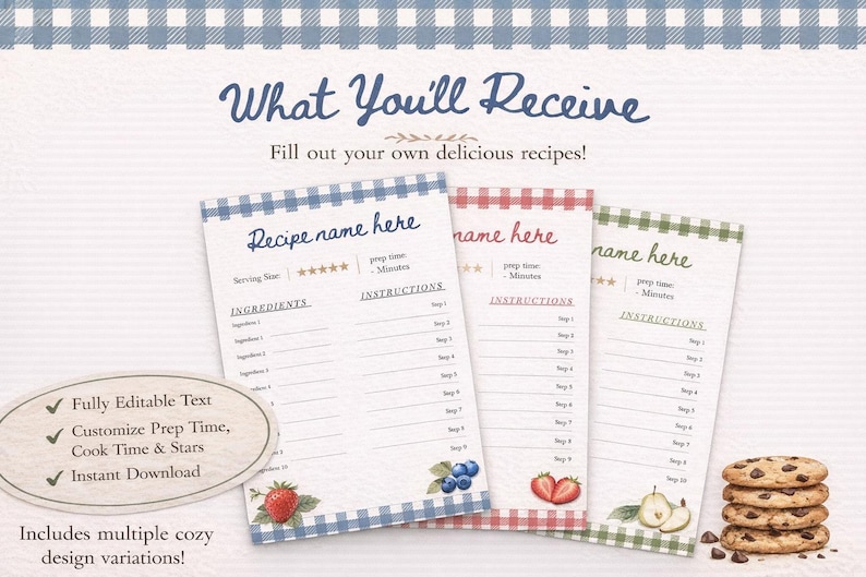 May include: Recipe cards with gingham borders in blue, red, and green, featuring space for recipe name, ingredients, and instructions. The image includes a stack of chocolate chip cookies and text that says "What You'll Receive".