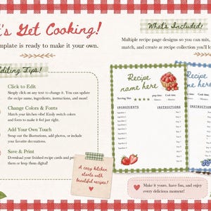 May include: A digital recipe template with a red and white checkered background. The design includes recipe cards with space for ingredients and instructions, along with editing tips and decorative elements like strawberries and lemons.