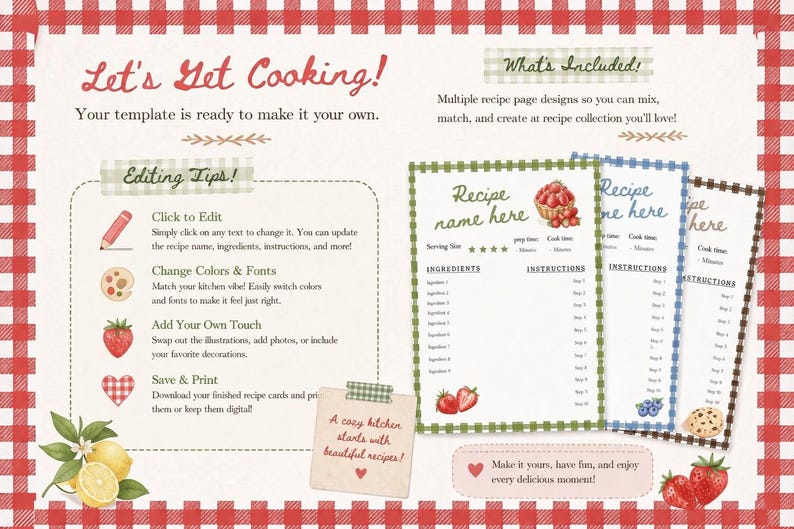 May include: A digital recipe template with a red and white checkered background. The design includes recipe cards with space for ingredients and instructions, along with editing tips and decorative elements like strawberries and lemons.