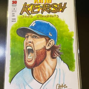 May include: Comic book cover featuring a baseball player in a blue cap, screaming. The title reads "King Kersh" with "3000 Strikeouts" below. The artist's signature is visible. The background is green.
