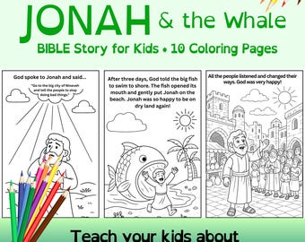 Páginas para colorear de Jonás y la ballena: Actividad bíblica para niños / Descarga instantánea en PDF