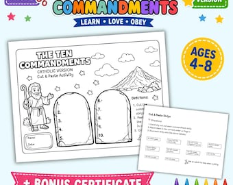 Actividad de recortar y pegar sobre los Diez Mandamientos (Católica) / Biblia para niños / Imprimible para la escuela dominical