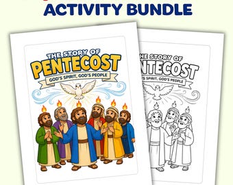 Paquete de actividades para niños sobre Pentecostés / Historia bíblica + Páginas para colorear / Lección de Hechos 2 / Colorea y aprende
