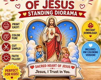 Heiligstes Herz Jesu Stehendes Diorama Handwerk | Katholische druckbare Aktivität für Kinder