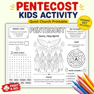 Pentecost Activity Placemat: Holy Spirit, Bible Verse, Maze, Word Search