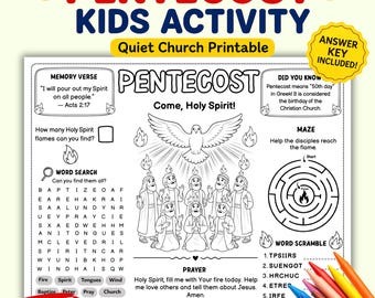 Mantel de actividades de Pentecostés: Espíritu Santo, versículo bíblico, laberinto, sopa de letras.