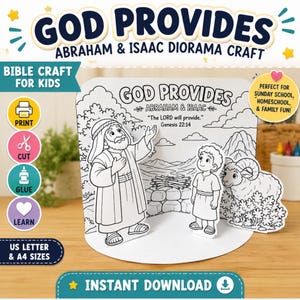 Puede incluir: Un diorama de papel en blanco y negro que muestra a Abraham, Isaac y un carnero. La escena incluye el texto GOD PROVIDES, ABRAHAM & ISAAC y The LORD will provide. Genesis 22:14. La manualidad está diseñada para imprimirse en papel A4.
