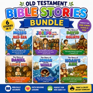 Könnte beinhalten: Ein digitales Paket mit sechs biblischen Geschichten aus dem Alten Testament, illustriert mit farbenfrohen Bildern von Mose, Joseph, David und Goliath, Daniel, Jona und der Arche Noah. Jedes Feld enthält einen Titel, ein Zitat und eine Quellenangabe.
