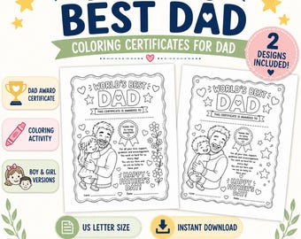 World's Best Dad Färbung Zertifikat Printable | Vatertag personalisiertes Andenken Geschenk | Kinder Ausmalen Aktivität PDF