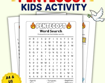 Paquete de actividades de Pentecostés para niños, estudio de lecciones bíblicas, juegos para la escuela dominical, búsqueda de palabras, laberinto.