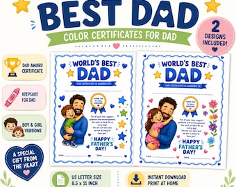 World's Best Dad Urkunde | Vatertag Pre-Colored Dad Award PDF | Jungen & Mädchen Versionen | Personalisiertes Erinnerungszertifikat