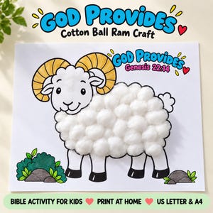 Könnte beinhalten: Ein Bastelprojekt auf weißem Papier mit einem Cartoon-Widder mit gelben Hörnern und einem Körper aus weißen Wattebällchen. Der Text lautet God Provides, Genesis 22:14 und Cotton Ball Ram Craft. Grüne Büsche und graue Felsen sind an der Basis abgebildet.