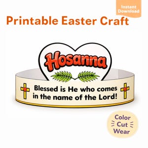 Puede incluir: Una manualidad imprimible de Pascua con un diseño en forma de corazón con la palabra "Hosanna" en rojo. La manualidad incluye el texto "¡Bendito el que viene en nombre del Señor!" y está diseñada para colorear, cortar y usar.