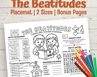 Paquete imprimible de mantel individual con actividades sobre las Ocho Bienaventuranzas, página para colorear con versículos bíblicos para niños, escuela dominical