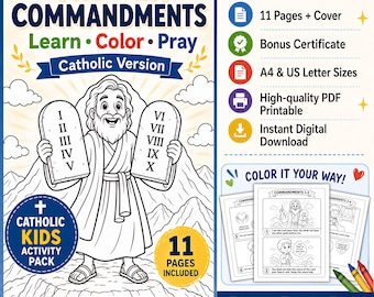 Los Diez Mandamientos Católicos Imprimibles para Niños / Paquete de Actividades para Aprender a Colorear y Orar / Escuela Dominical