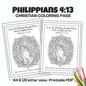 Può includere: Due pagine da colorare cristiane con il testo "Filippesi 4:13" e "Pagina da colorare cristiana". Ogni pagina presenta mani in preghiera, un disegno mandala e il versetto biblico "Ogni cosa posso in colui che mi fortifica."