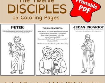 May include: A printable PDF featuring 15 coloring pages of the Twelve Disciples. Each page includes a black and white illustration and text describing the biblical figures. Includes Peter, Judas Iscariot, and the Kiss of Betrayal. Available in A4 and US letter sizes.