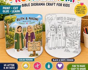 Ruth and Naomi Bible Craft Printable, Color and Coloring Diorama Bundle