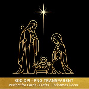 Goudfolie Heilige Familie Clipart • Kerststal lijntekening PNG • Elegante christelijke kunst (transparante achtergrond)