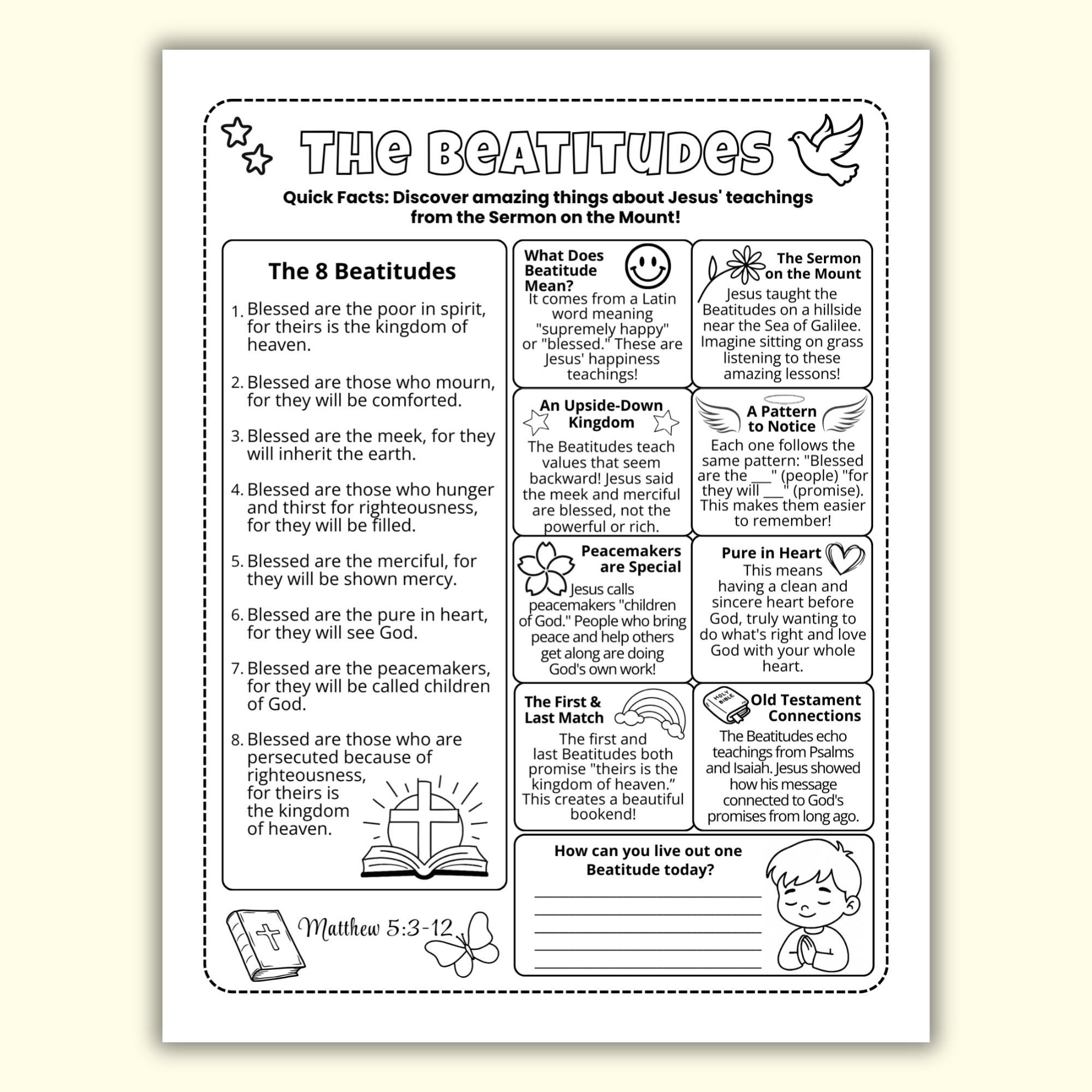 Matthew Rees Worksheet The Beatitudes Printable for Kids | Matthew 5:3–12 Bible Worksheet - Etsy