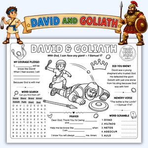 Puede incluir: Una hoja de actividades imprimible en blanco y negro titulada David & Goliath que incluye una sopa de letras, un juego de palabras, una oración y una promesa de valentía. La página incluye ilustraciones de David usando una honda.