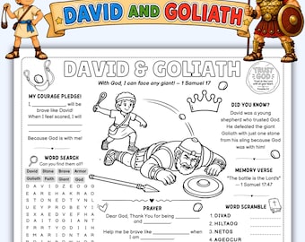David und Goliath Aktivitäts-Tischset zum Ausdrucken | Bibel-aktivitätspapier für Kinder | Sonntagsschulspiel