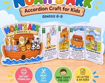 Noah's Ark Craft for Kids, Sunday School Bible Craft, Noah Accordion Activity, Genesis Printable