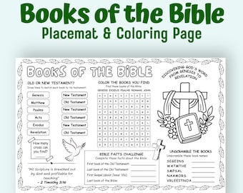 Hoja de actividades de los libros de la Biblia, mantel individual en PDF, lección de escuela dominical, Antiguo y Nuevo Testamento