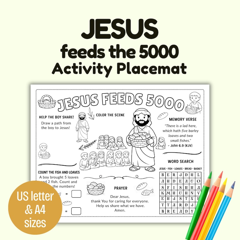 Jesus Feeds the 5000 Activity Placemat for Kids | Bible Coloring ...
