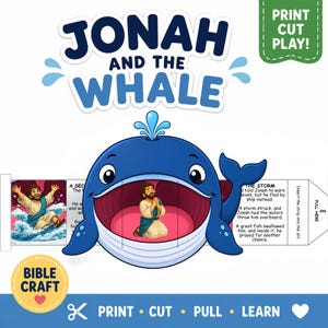May include: A printable craft sheet featuring a blue whale with an open mouth revealing a character inside. The text reads JONAH AND THE WHALE, PRINT CUT PLAY, BIBLE CRAFT, and includes a narrative strip with instructions to pull here and insert.