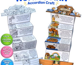 Noahs Arche Akkordeon Handwerk Printable | Bibelgeschichtenaktivität für Kinder | Sonntagsschule Handwerk