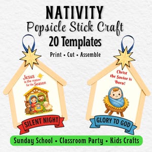 Nativity Popsicle Stick Craft Template | 20 Colored Ornaments | Cut & Paste Christmas Activity | Classroom Craft