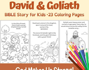 May include: A coloring book page with the title "David & Goliath" and the text "BIBLE Story for Kids +23 Coloring Pages." The illustrations depict scenes from the biblical story, with colored pencils in the corner and the text "God Makes Us Strong!"