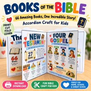 May include: An accordion-style paper craft titled Books of the Bible, featuring colorful illustrations and text about the New Testament and the Four Gospels. The educational activity includes sections on Matthew, Mark, Luke, and John with red hearts.