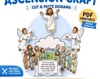 Manualidad para colorear de la historia bíblica de la Ascensión para niños: Diorama para recortar y pegar (PDF imprimible en blanco y negro)