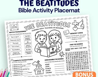 Tapete de actividades bíblicas sobre las Bienaventuranzas para niños / Hojas de trabajo cristianas + Páginas para colorear + Certificado / Escuela Dominical