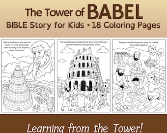 May include: Black and white coloring pages titled "The Tower of Babel Bible Story for Kids." The pages depict scenes of the tower's construction, with text describing the story. The phrase "Learning from the Tower!" is also present.