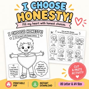 Könnte beinhalten: Ein druckbares Arbeitsblatt mit dem Titel I CHOOSE HONESTY! zeigt eine schwarz-weiße Illustration eines Kindes mit einem großen Herzen auf der Brust. Es enthält einen Ausschneidebereich mit acht kleinen Quadraten, die verschiedene Verhaltensweisen zeigen.