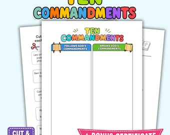 Paquete de actividades sobre los Diez Mandamientos para niños / Recorta y pega, cuestionario, clave de respuestas, hoja de trabajo bíblica