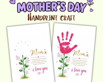 Manualidad imprimible de flores con huellas de manos para el Día de la Madre / Regalo infantil para mamá / Recuerdo en PDF para preescolar