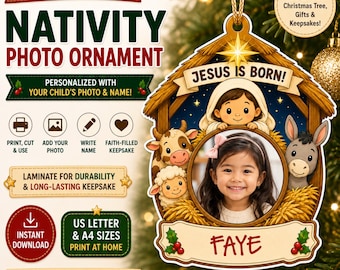 Jesus Is Born Nativity Photo Ornament Craft, Christian Christmas Printable for Kids, DIY Keepsake