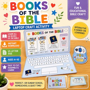 Puede incluir: Un kit de manualidades en papel titulado Books of the Bible Laptop Craft Activity. El conjunto incluye una computadora portátil de papel plegable con teclado, una pantalla con datos bíblicos, una tarjeta con forma de ratón y hojas de instrucciones.