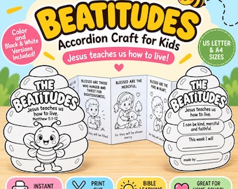 Beatitudes Craft for Kids, Bible Coloring Activity, Sermon on the Mount Printable, Matthew 5:1-12