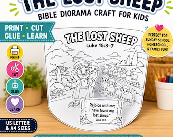 Lost Sheep Bible Craft Printable, Luke 15 Sunday School Diorama, Parable of Jesus